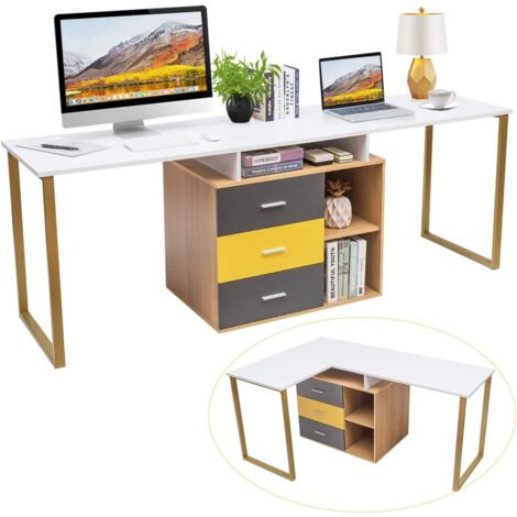 COSTWAY Bureau Double 220cm/Bureau d'Angle Informatique en Forme de L avec 3 Tiroirs et 2 Etagères Poste de Travail