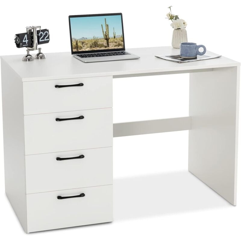 Costway - Bureau Droit avec 4 Tiroirs mdf Finition Mélaminé et Laqué uv - L110 x P60 x H76 cm- Brillance Blanche