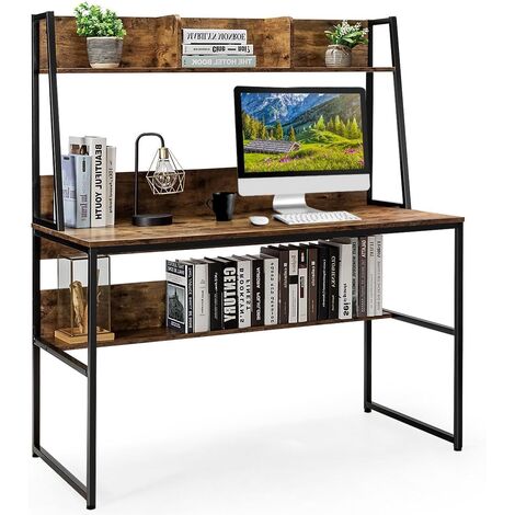 Costway – Bureau droit avec bibliothèque 120 x 55 cm – Étagères de rangement intégrées – Construction en bois d'ingénierie et fer – Style industriel marron rustique