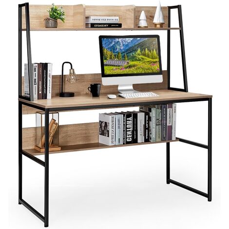 Costway – Bureau droit avec bibliothèque – Dimensions 120 x 55 cm – Matériaux bois d'ingénierie et fer – Hauteur 139,5 cm – Design industriel moderne