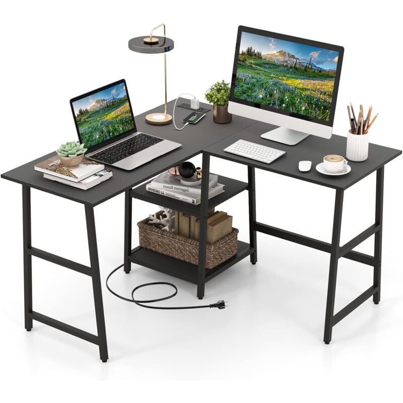 Costway - Bureau en Forme de l avec Station de Recharge et Ports usb a & c, Bureau d'angle de 120 x 120 cm, Etagères de Rangement, Poste de Travail