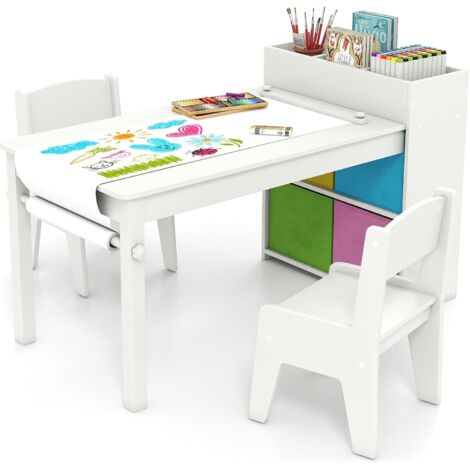 COSTWAY Bureau Enfant en Bois avec 2 Chaises & Rouleau de Papier, Table Enfant avec 4 Bacs en Tissu & 4 Compartiments & Étagères Ouvertes, Table à Dessin pour 3 Ans+, Charge 50/60kg (Blanc)