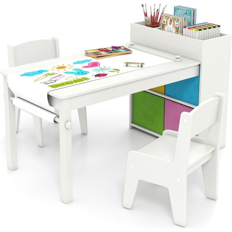 COSTWAY Bureau Enfant en Bois avec 2 Chaises & Rouleau de Papier, Table Enfant avec 4 Bacs en Tissu & 4 Compartiments & Étagères Ouvertes, Table à