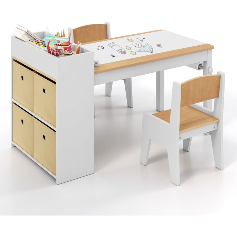 COSTWAY Bureau Enfant en Bois avec 2 Chaises & Rouleau de Papier, Table Enfant avec 4 Bacs en Tissu & 4 Compartiments & Étagères Ouvertes, Table à