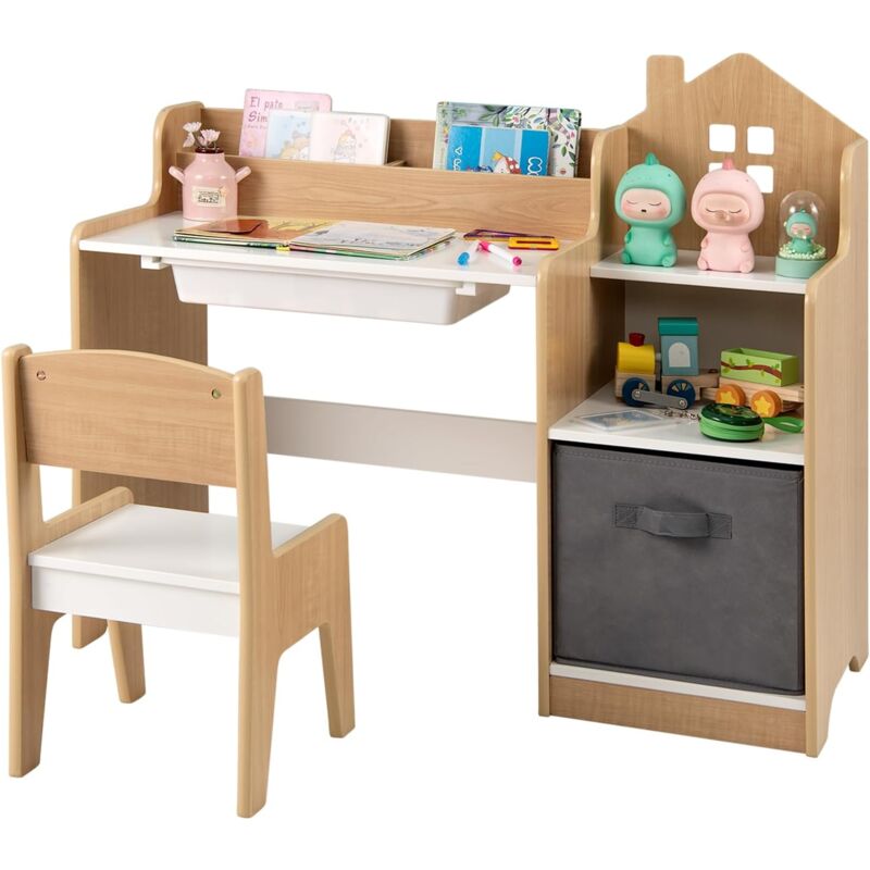 Costway - Bureau Enfant en Bois avec Chaise & 2 Compartiments, Table Enfant avec Tiroir & Bac de Rangement en Tissu, Étagères Ouvertes, Table à
