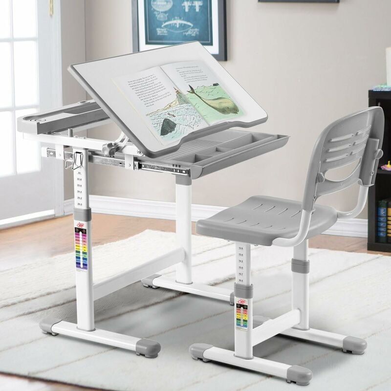 Bureau Enfant, Ensemble Table et Chaise pour Enfants avec Tiroir Hauteur Ajustable (Gris) - Costway