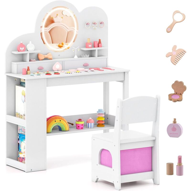 COSTWAY Bureau Enfant Fille avec Chaise & Miroir Éclairé, Coiffeuse Enfants Fille en Forme Nuage avec Tiroir & Bibliothèque & Étagères Ouvertes,