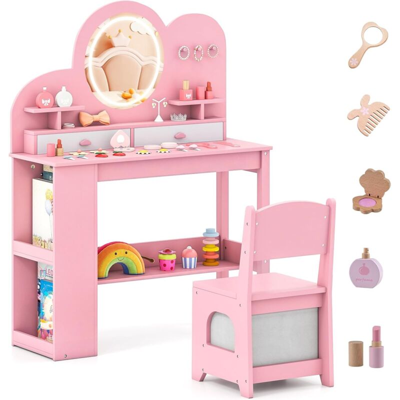 COSTWAY Bureau Enfant Fille avec Chaise & Miroir Éclairé, Coiffeuse Enfants Fille en Forme Nuage avec Tiroir & Bibliothèque & Étagères Ouvertes,