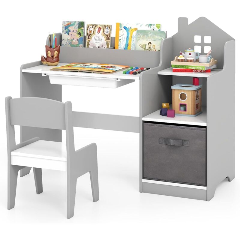 COSTWAY Bureau Enfant Garçon Fille avec Chaise & 2 Compartiments, Table Enfant avec Tiroir & Bac de Rangement en Tissu, Étagères Ouvertes, Table à