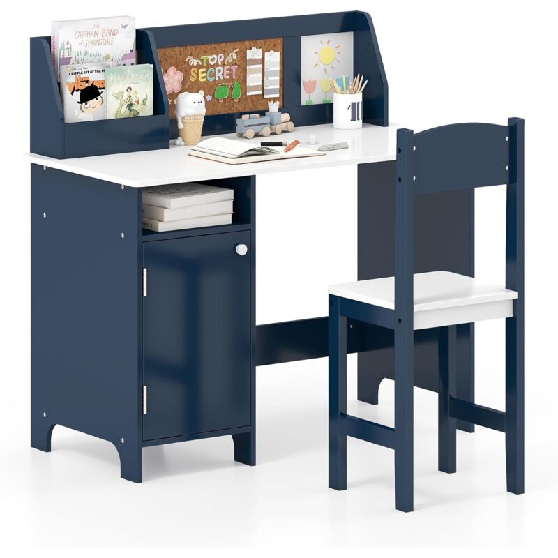 COSTWAY Bureau Enfant Garçon Fille avec Chaise & Bibliothèque & Tableau d'Affichage, Table Enfant en Bois avec Étagère & Armoire de Rangement, Charge