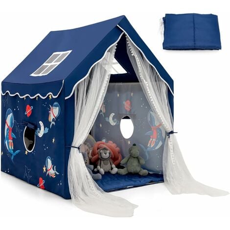 COSTWAY Tente de Jeux avec Guirlandes Lumineuses Étoiles, Cabane Interieure  avec Tapis Lavable, Rideaux en Filet et 2 Poches Latérales, 3-4 Enfants