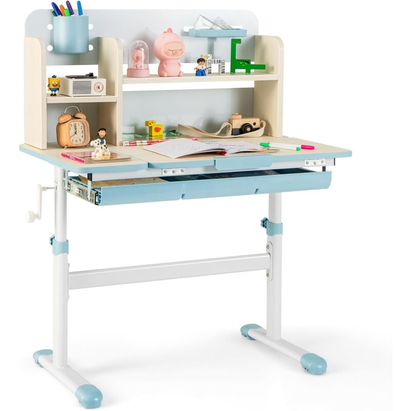 Bureau Enfants avec Réglable en Hauteur (50,5-73 cm) & Plateau Inclinable(0-60°), Table d'Étude avec Étagère & Tiroir & Règle, Charge 100kg pour
