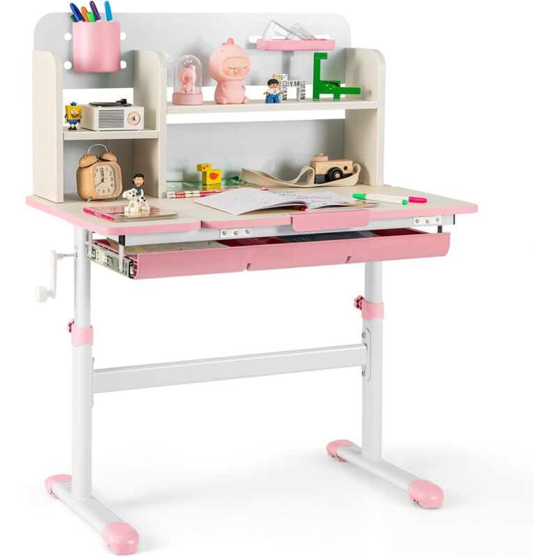Bureau Enfants avec Réglable en Hauteur (50,5-73 cm) & Plateau Inclinable(0-60°), Table d'Étude avec Étagère & Tiroir & Règle, Charge 100kg pour