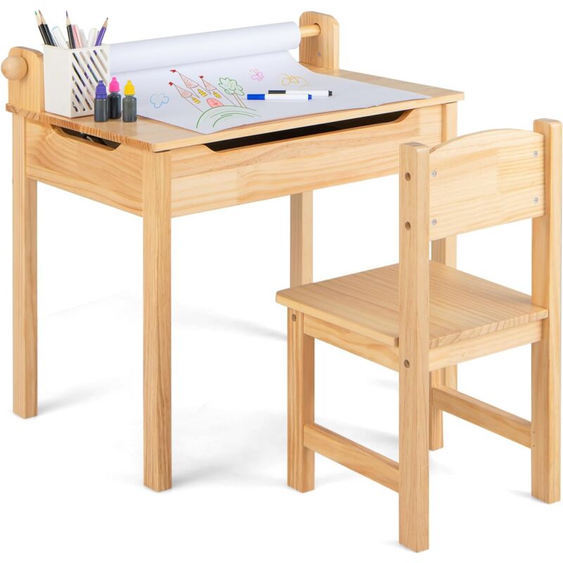 Costway - Bureau Enfants avec Tabouret & Plateau Rabattable, Table à Dessin en Pin Polyvalent avec Rouleau de Papier & 2 Marqueurs, Espace Caché,
