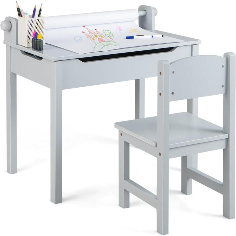 Costway - Bureau Enfants avec Tabouret & Plateau Rabattable, Table à Dessin en Pin Polyvalent avec Rouleau de Papier & 2 Marqueurs, Espace Caché,