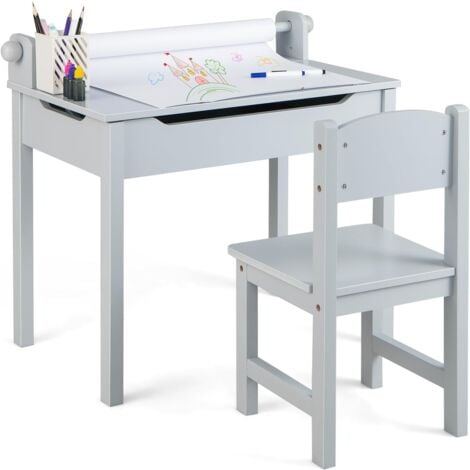 COSTWAY Bureau Enfants avec Tabouret & Plateau Rabattable, Table à Dessin en Pin Polyvalent avec Rouleau de Papier & 2 Marqueurs, Espace Caché, Poignées Découpées pour Enfants de 3 Ans+
