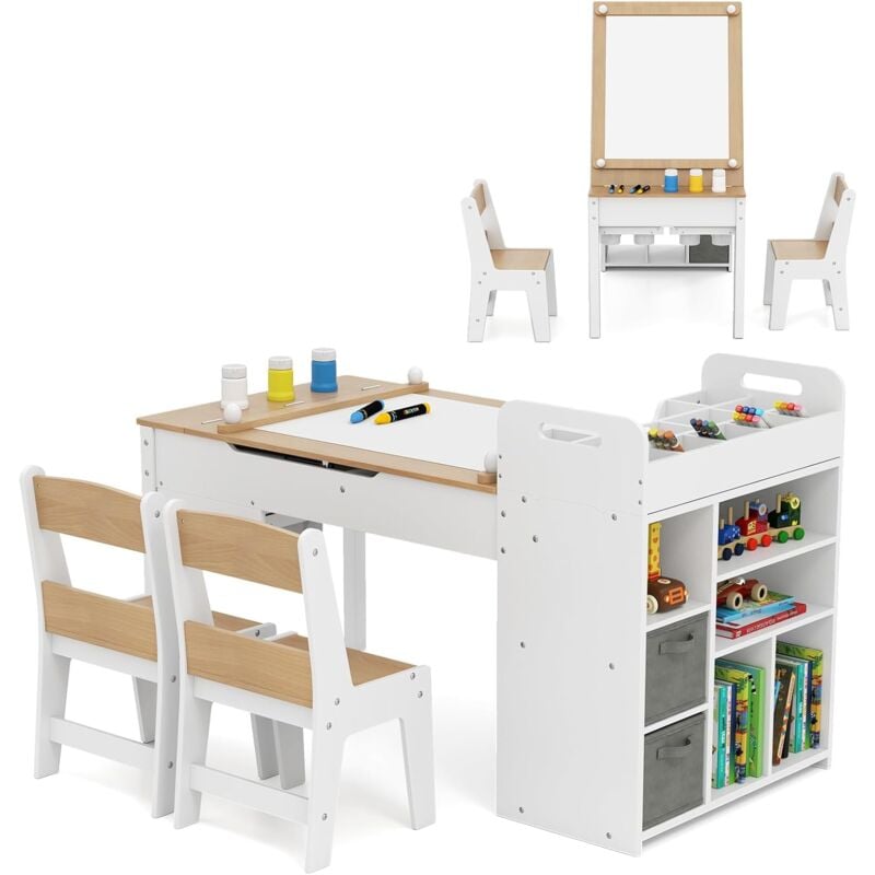 COSTWAY Bureau Enfants en Bois avec 2 Chaises & Plateau Rabattable, Table Enfant avec Étagères Ouvertes & Rouleau de Papier, Table à Dessin pour