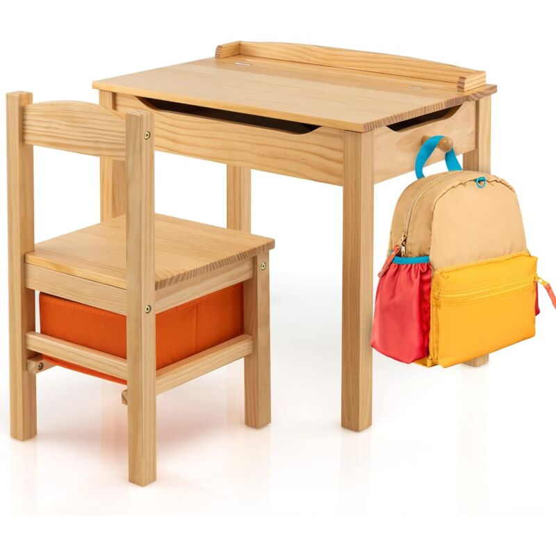 Costway - Bureau Enfants en Bois avec Plateau Rabattable, Table et Chaises Enfants avec Espace de Rangement, Crochet Latéral, Charge 70kg pour