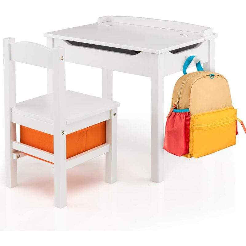 Costway - Bureau Enfants en Bois avec Plateau Rabattable, Table et Chaises Enfants avec Espace de Rangement, Crochet Latéral, Charge 70kg pour