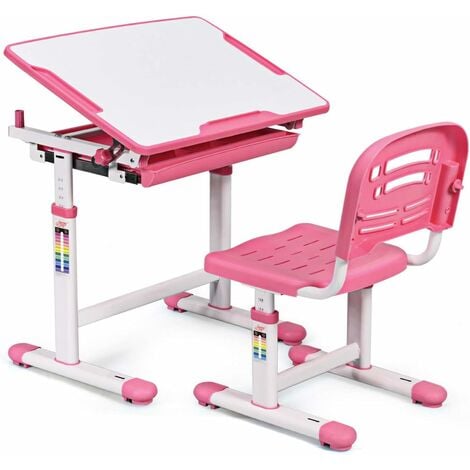 COSTWAY Bureau et Chaise Ensemble pour Enfants Ensemble Table Chaise Réglable en Hauteur avec Tiroir Inclinables