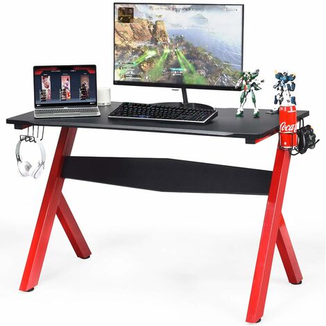 Costway – Bureau gamer 115 x 60 cm – Surface en fibre de carbone – Cadre en acier – Crochet pour casque et porte-gobelet – Table de gaming noir et rouge