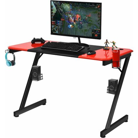 Costway – Bureau gamer surface en fibre de carbone 120x60x76cm – Avec porte-gobelet et supports audio – Design moderne noir et rouge