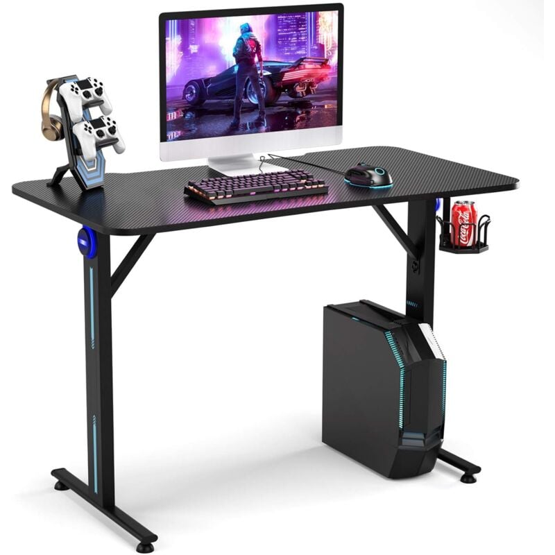 Bureau gamer, table gaming pour pc informatique avec led support de manette et porte-gobelet, <strong>surface</strong> en fibre carbone - costway