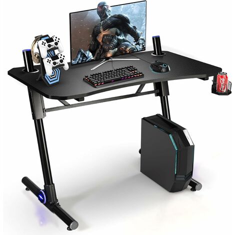 COSTWAY Bureau Gamer,Table de Gaming avec LED, Support pour Manette, Porte-Gobelet, en Forme de Z, 3 Niveaux Hauteutr Réglable Noir