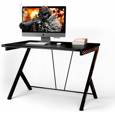 COSTWAY Bureau Gaming 116 x 75 cm, Bureau Gamer avec Cadre en Métal en Forme de R, Bureau de Jeu d'Ordinateur Informatique Ergonomique, pour Travailler et Étudier, Noir