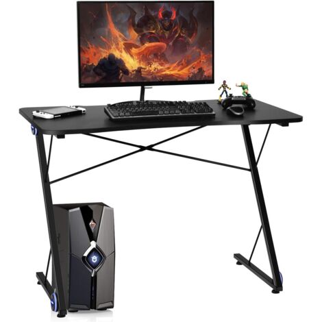 COSTWAY Bureau Gaming Bureau de Jeu 110X60X78CM en Forme de Z avec Lumière LED et Range-Câbles Surface Fibre de Carbone Supporter Jusqu'à 60KG