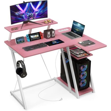 COSTWAY Bureau Gaming d'angle 107 x 80 cm, Bureau d'ordinateur en Forme de L avec Support d'écran, 2 Prises Électriques et 2 Ports USB, Table Gaming en Fibre de Carbone avec Rangement (Rose)