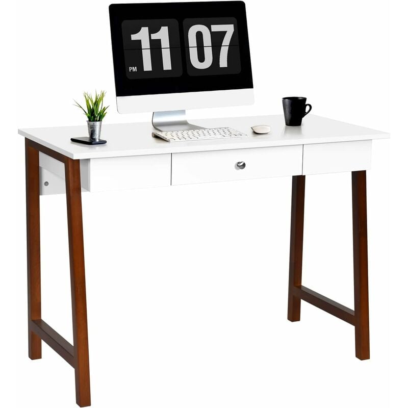 costway - bureau informatique 103 x 50 x 76,5cm table en bois avec grand plan de travail , tiroir charge 54kg moderne