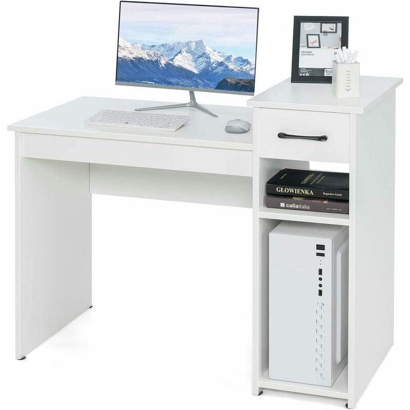 bureau informatique avec tiroir et support pc, bureau d'ordinateur en mdf avec étagère de rangement à 2 niveaux, table de travail pour ordinateur,