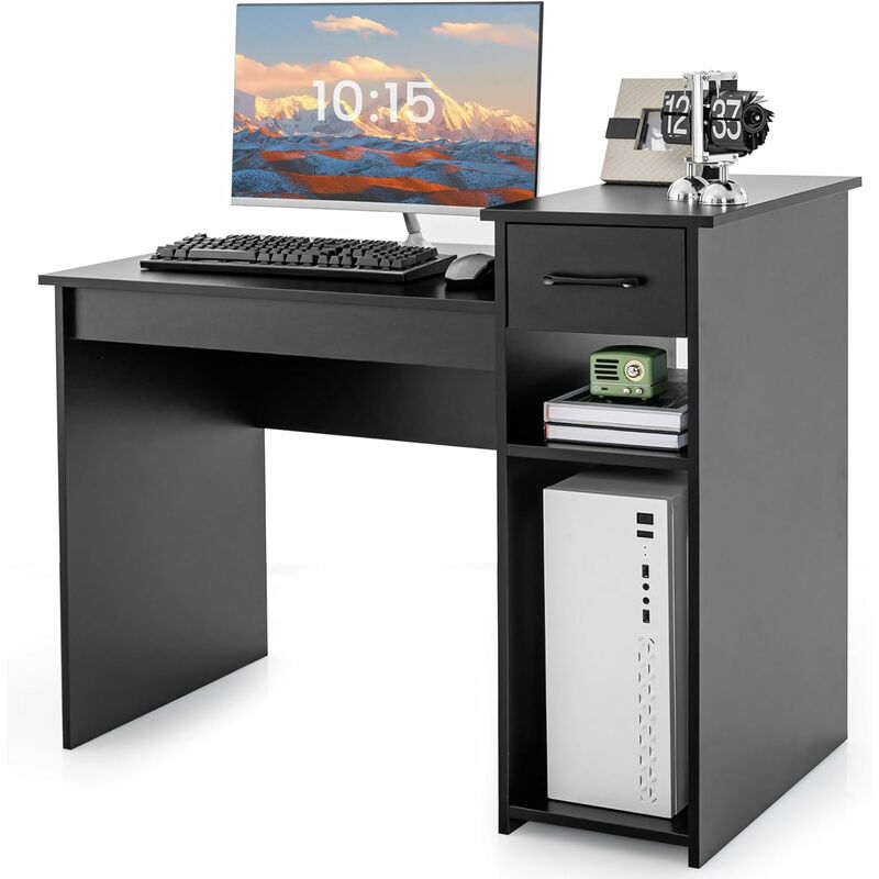 costway - bureau informatique avec tiroir et support pc, bureau d'ordinateur en mdf avec étagère de rangement à 2 niveaux, table de travail pour