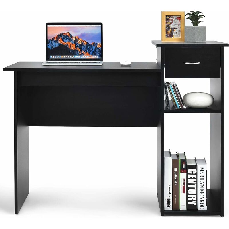 bureau informatique bureau d'ordinateur en mdf avec tiroir et 2 compartiments de rangement pour bureau,chambre 108 x 39,5 x 82cm - costway