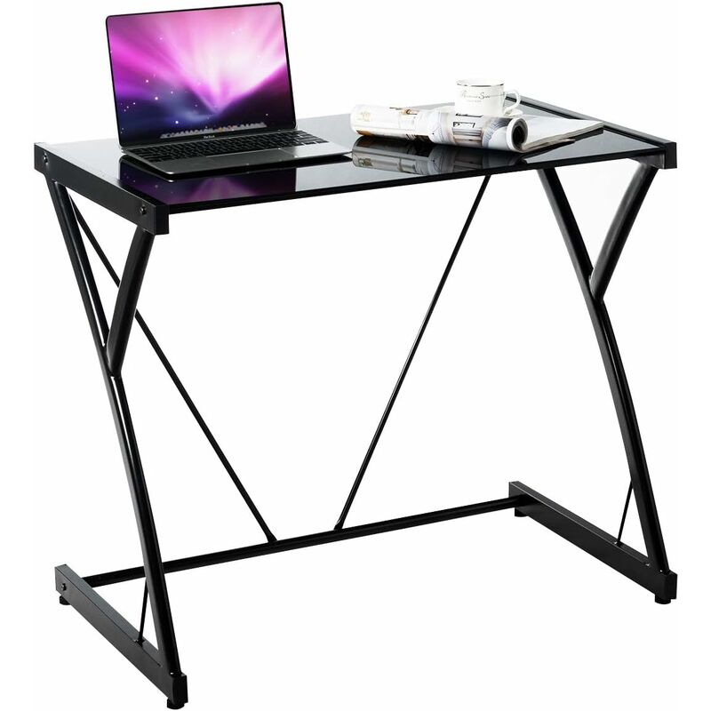 Costway - Bureau Informatique en Forme de Z avec Pieds Réglables, Plateau en Verre Trempé et Cadre en Fer, 80 × 50 × 70,5 cm, Noir