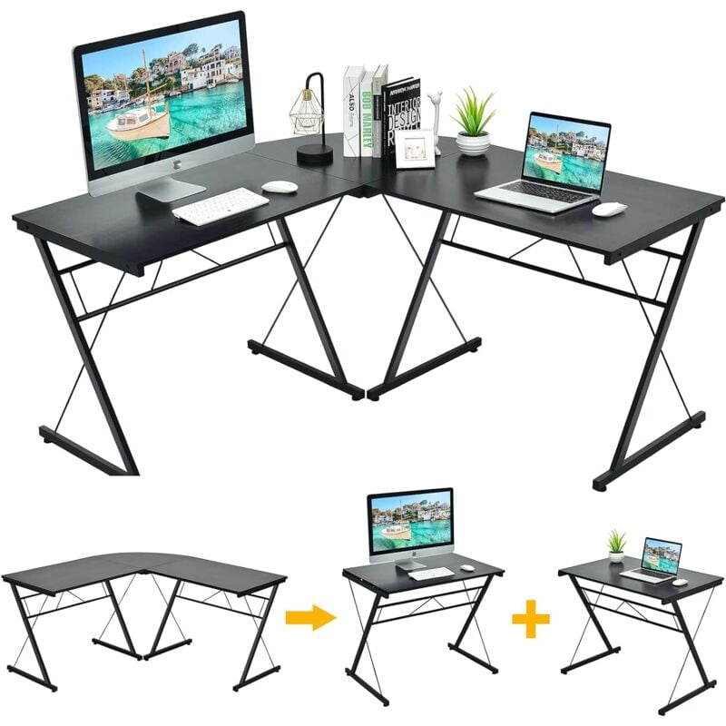 bureau informatique en forme l,table d'angle ordinateur de style moderne peut être divisée en 2 bureaux fait en mdf et fer 150x60x76cm - costway