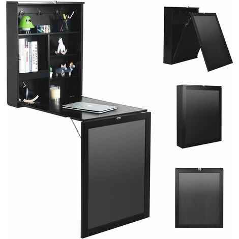 Costway – Bureau mural pliable noir 60x15.5x75 cm – MDF – Étagère intégrée et mémo board – Pour petits espaces et rangement élégant