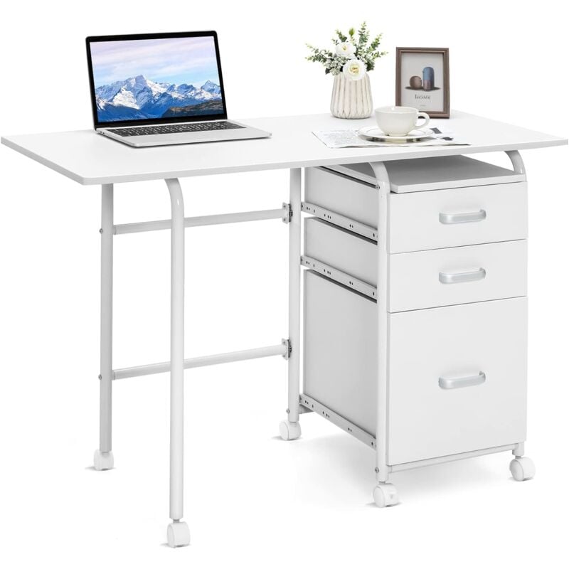 Costway - Bureau Pliable avec 3 Tiroirs, Table d'Écriture Roues Verrouillables, Bureau à Domicile Roulant avec Cadre en Métal, Bureau Compact pour