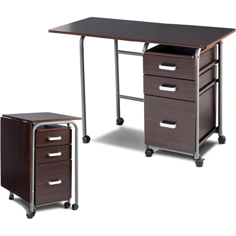 COSTWAY Bureau Pliable avec 3 Tiroirs, Table d'Écriture Roues Verrouillables, Bureau à Domicile Roulant avec Cadre en Métal, Bureau Compact pour