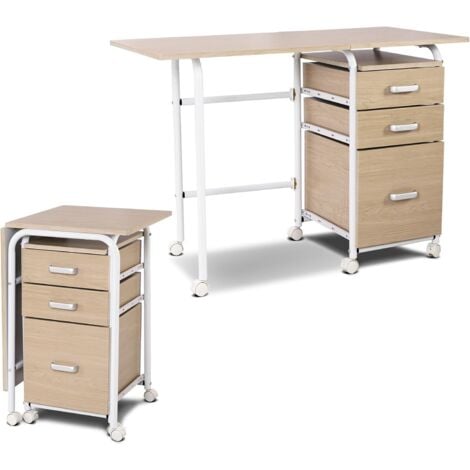 COSTWAY Bureau Pliable avec 3 Tiroirs, Table d'Écriture Roues Verrouillables, Bureau à Domicile Roulant avec Cadre en Métal, Bureau Compact pour Dortoir, Appartement Naturel