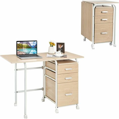 COSTWAY Bureau pour Ordinateur Rabattable avec 3 Tiroirs Coulissants et Roues Verrouillables en Bois Naturel pour Travail Bureau Naturel