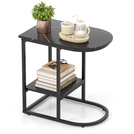 COSTWAY C-shaped End Table Modern Sofa Side Table w/Faux Marble Tabletop-Black