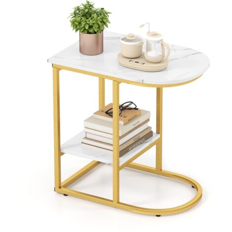COSTWAY C-shaped End Table Modern Sofa Side Table with Storage Shelf-White
