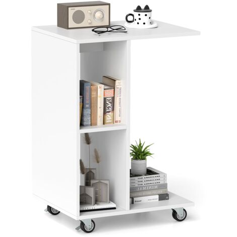 COSTWAY C-Shaped End Table Narrow Side Table with Storage Shelves White
