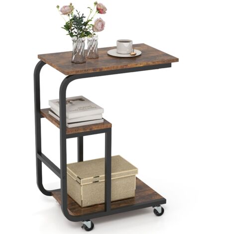 COSTWAY C-shaped End Table Space-saving Couch Table with Open Shelves-Coffee