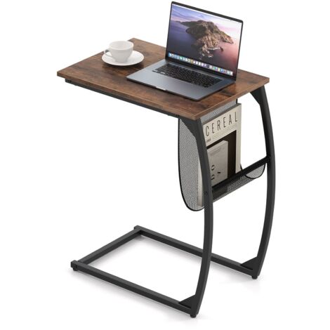 COSTWAY C-Shaped Side Table Compact Sofa Side Table with Mesh Bag
