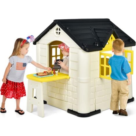 COSTWAY Cabane de Jardin pour Enfant - Table de Pique Nique, Maison Enfant Exterieur -Thème Burger Bar - en Plastique 164x124x132 cm Jaune