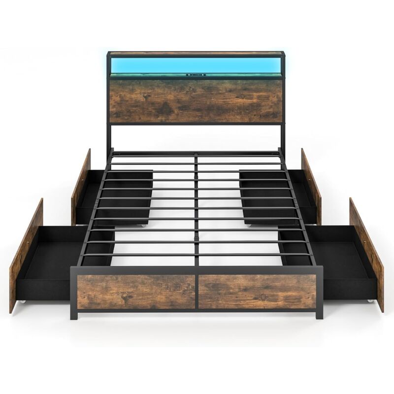 Cadre de Lit Double 140x200cm avec Sommier, Lit avec Éclairage led et Prise de Courant, usb et 1 Type c, Sommier en Métal avec 4 Tiroirs Rangement,