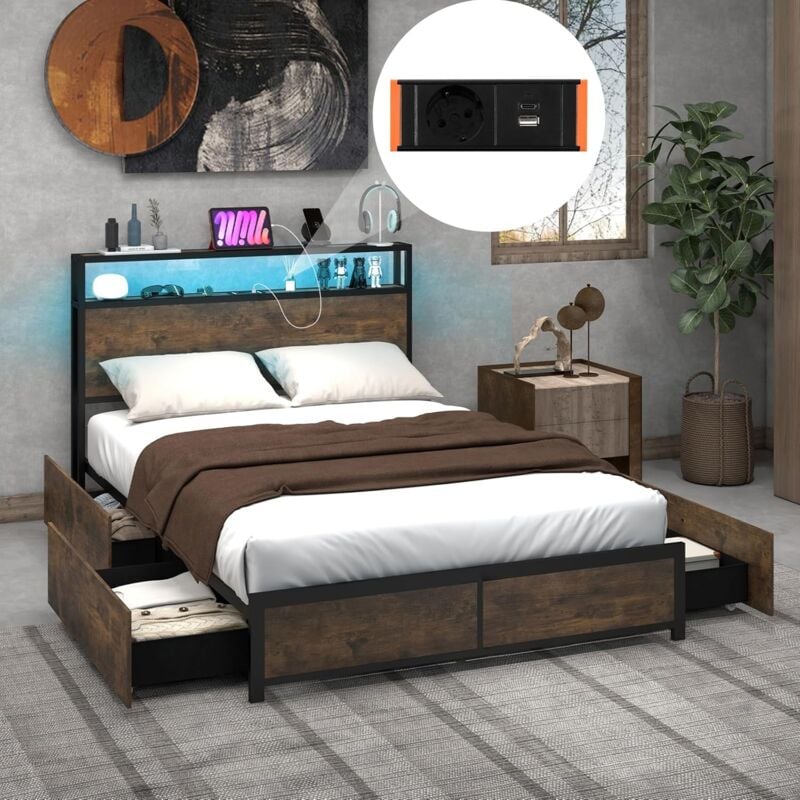 Cadre de Lit Double 140x200cm avec Sommier, Lit avec Éclairage led et Prise de Courant, usb et 1 Type c, Sommier en Métal avec 4 Tiroirs Rangement,